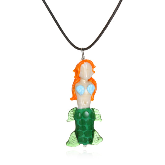Glass Mermaid Pendant Necklace on Leather